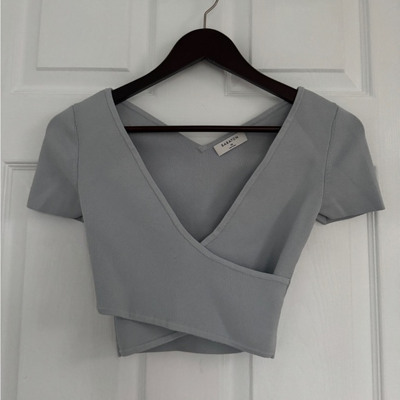 Aritzia Tops - Babaton Aritzia Sculpt Knit Wrap Crop Top in Light Blue